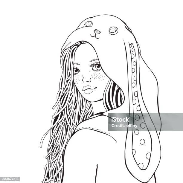 Cute Girl In Bunny Costume Coloring Book Page For Adult Stock Illustration - Download Image Now