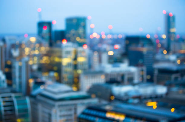 Night City of London view, blurred image for background. View includes skyscrapers of financial and banking aria