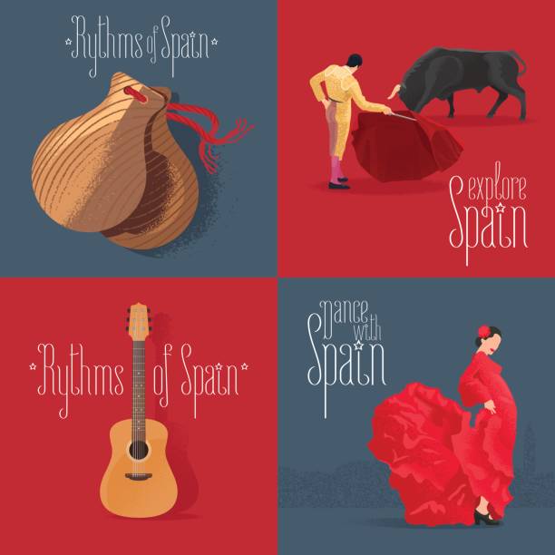 Set of vector illustrations with Spanish symbols Set of vector illustrations with Spanish symbols: flamenco dancer, Spanish guitar, bull fighter. Design clip-art element for visit Spain concept blood sport stock illustrations