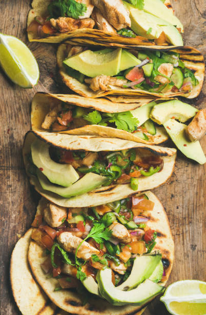 istock Tacos with grilled chicken, avocado, fresh salsa and limes 683687788