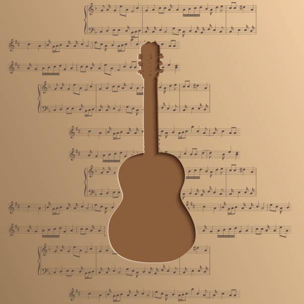 papier - vektor hintergrundmusik mit noten gitarre geschnitten - treble clef three dimensional shape music jazz stock-grafiken, -clipart, -cartoons und -symbole