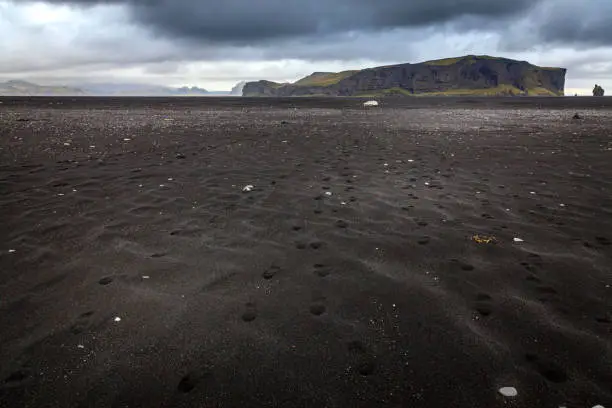 Black sand beach near village of Vik on Southern coast of Iceland