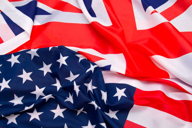 istock USA flag and UK Flag background. 683705904