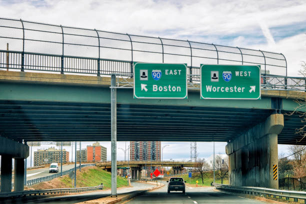 istock Road indicator plates leading to Boston or Worcester 683709354