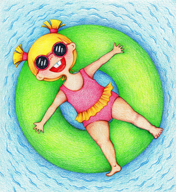 ilustrações de stock, clip art, desenhos animados e ícones de hands drawn picture of happy little girl in swimming pool by the color pencil. kid with inflatable ring toy. swim wear and sun glasses for uv protection. summer vacation and travel concept - swimwear child inner tube little girls