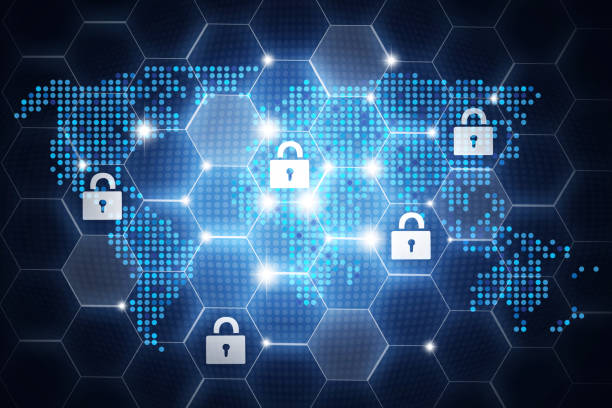 istock Digital online security design, concept with padlock icons around the globe 683726080