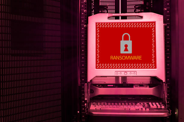 Ransomware attack alert on monitor screen in data center stock photo