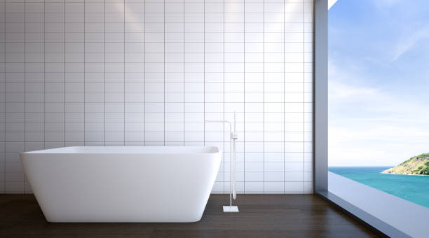 istock Bathtub is placed in bathroom with sea view , 3d rendering 683728872