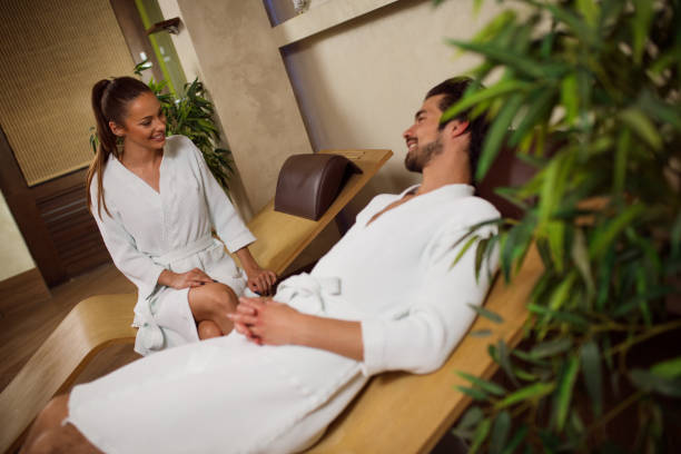 istock Young heterosexual couple having fun at health spa. 683733404