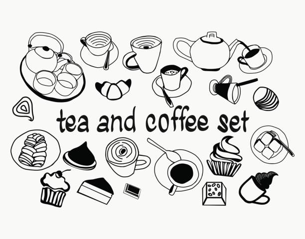 illustrations, cliparts, dessins animés et icônes de la main dessinée collection sweet sertie de pot de thé, café, tasses, grosses tasses, morceau de gâteau et autres plats. - cake symbol icon set computer icon