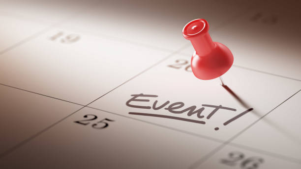 Calendar Concept with a red pin Concept image of a Calendar with a red push pin. Closeup shot of a thumbtack attached. The words Event written on a white notebook to remind you an important appointment. event stock pictures, royalty-free photos & images