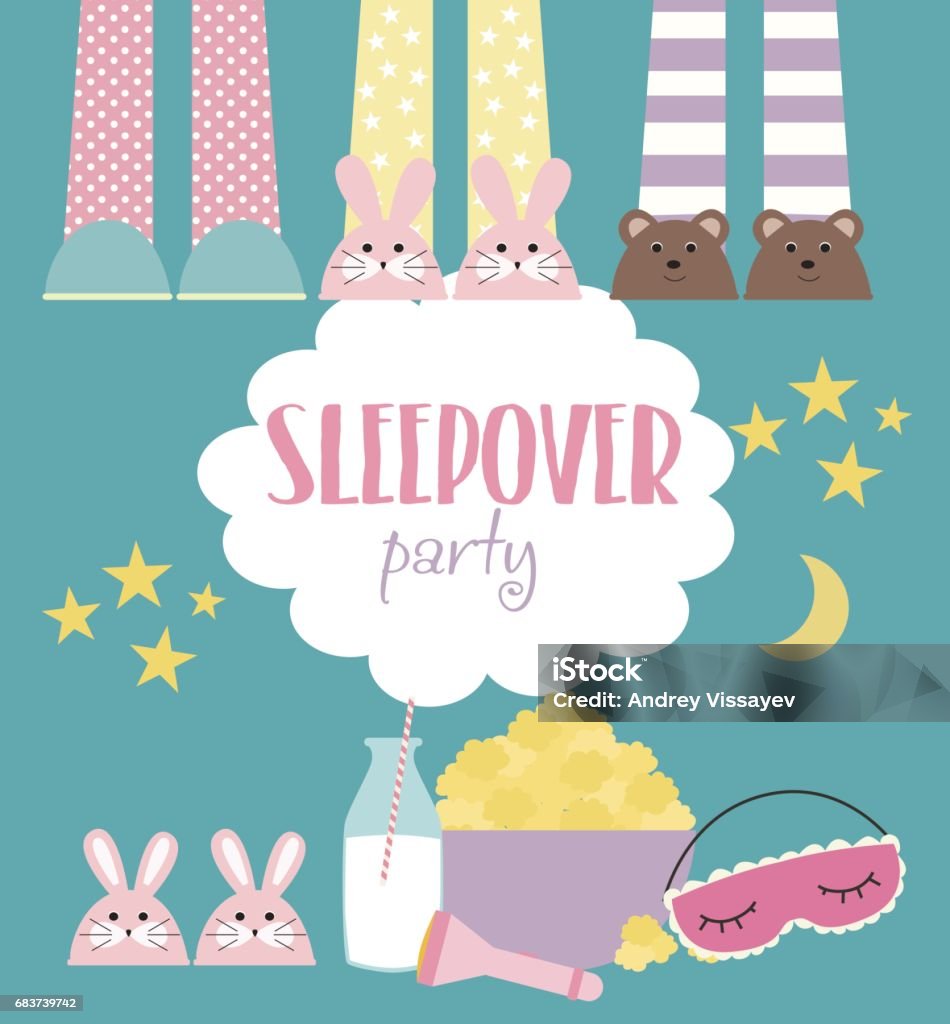 Sleepover invitation card with cute elements Sleepover invitation card with cute elements. Girl party. Vector illustration Pajamas stock vector