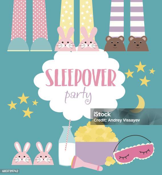 Sleepover Invitation Card With Cute Elements Stock Illustration - Download Image Now - Pajamas, Party - Social Event, Slumber Party