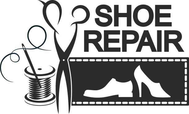 Shoe repair silhouette Shoe repair is silhouette for business. Scissors, needle and thread reel. shoemaker stock illustrations