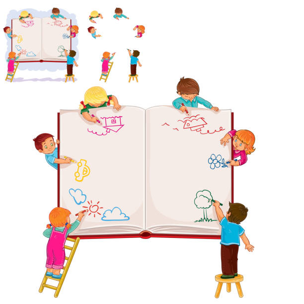 Happy children together draw on a large sheet of book Set of vector illustrations. icons of happy children together draw on a large sheet of book focus on foreground illustrations stock illustrations