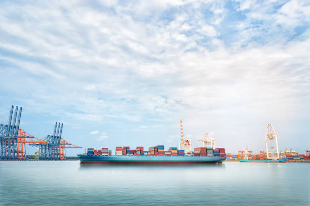 istock Logistics import export background of Container Cargo ship in seaport on blue sky, Freight Transportation 683746874