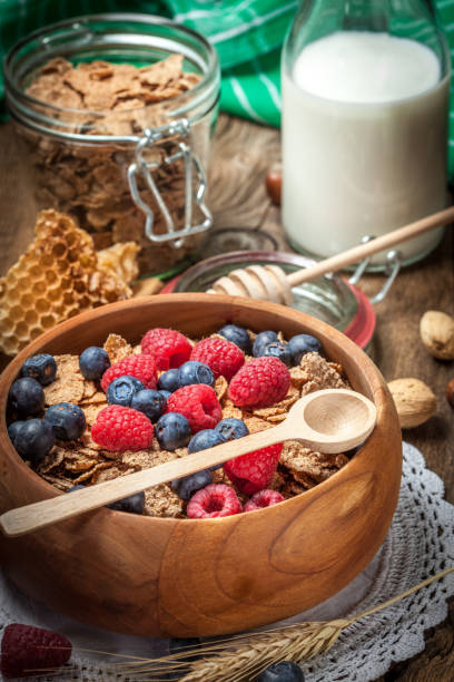 istock Tasty breakfast with milk and fruit. 683748446