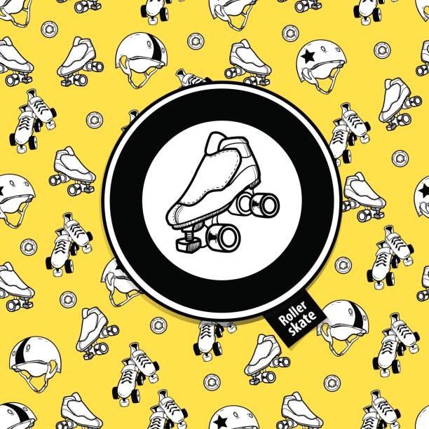 Sign roller derby and seamless pattern on the theme of roller de Sign roller derby and seamless pattern on the theme of roller derby and roller skating on yellow background rockefeller center illustration stock illustrations