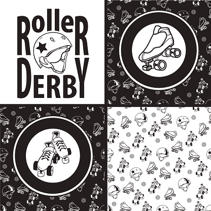Set of drawings and seamless patterns on the theme of roller derby and roller skating with roller skates, quads, helmet