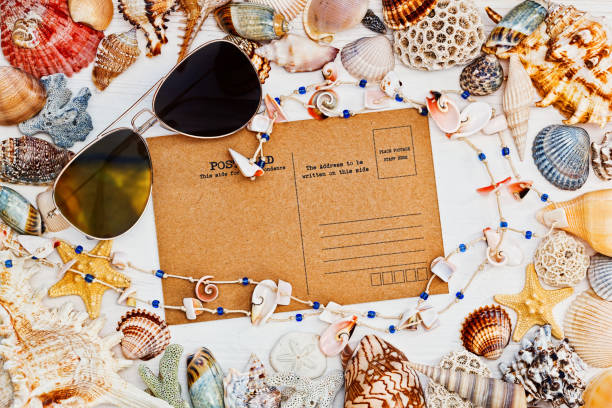 istock Mediterranean styled still life with vintage postcard, sunglasses and sea shells 683762366