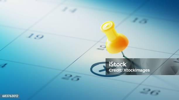 Calendar Concept With A Yellow Pin Stock Photo - Download Image Now - Calendar, Blue, Calendar Date