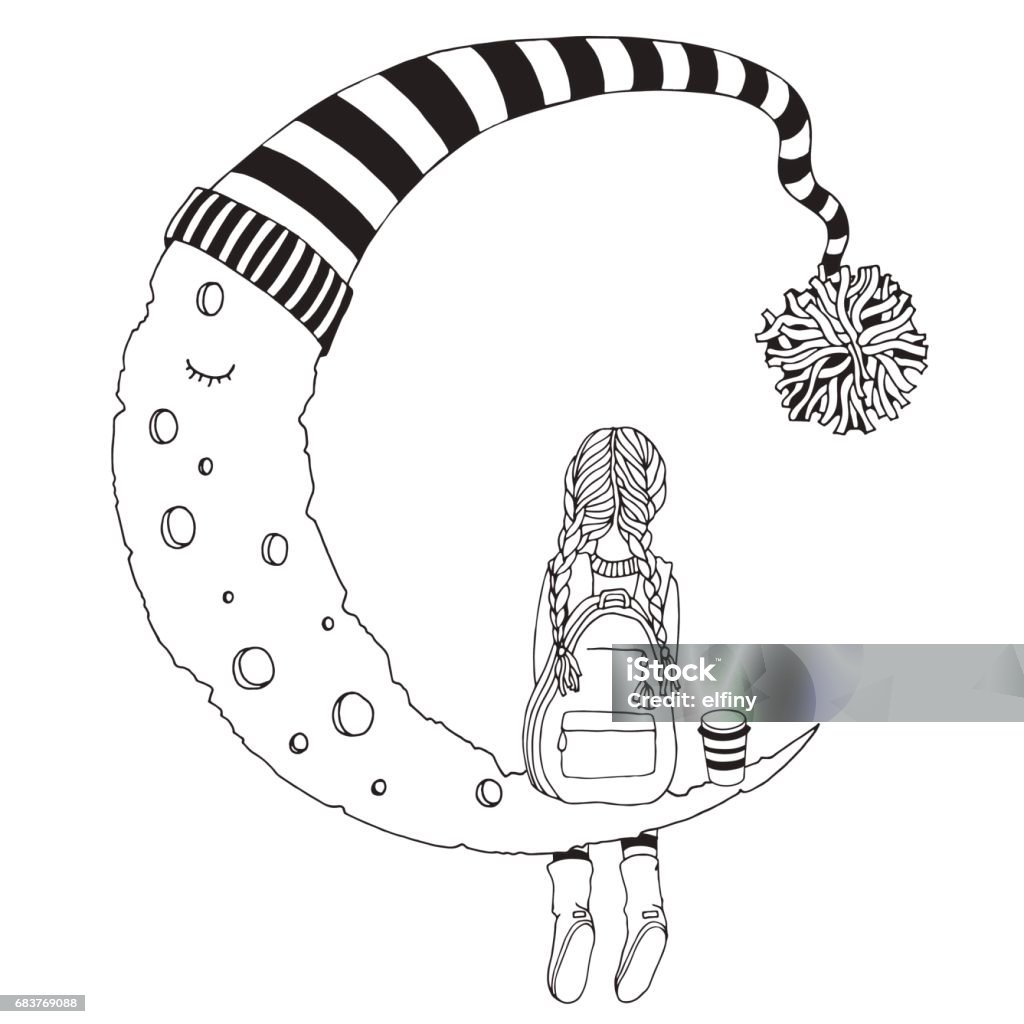 Little Girl is sitting on the Moon. Black and white. Coloring Book page for adult and children. The Moon in a striped hat. Little Girl is sitting on the Moon. Black and white. Coloring Book page for adult and children. Doodle style. The Moon in a striped hat. Girls stock vector