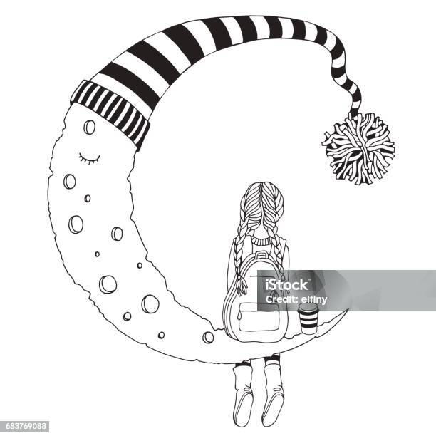 Little Girl Is Sitting On The Moon Black And White Coloring Book Page For Adult And Children The Moon In A Striped Hat Stock Illustration - Download Image Now