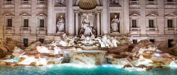 Panoramic view of Fontana di trevi in Rome at night