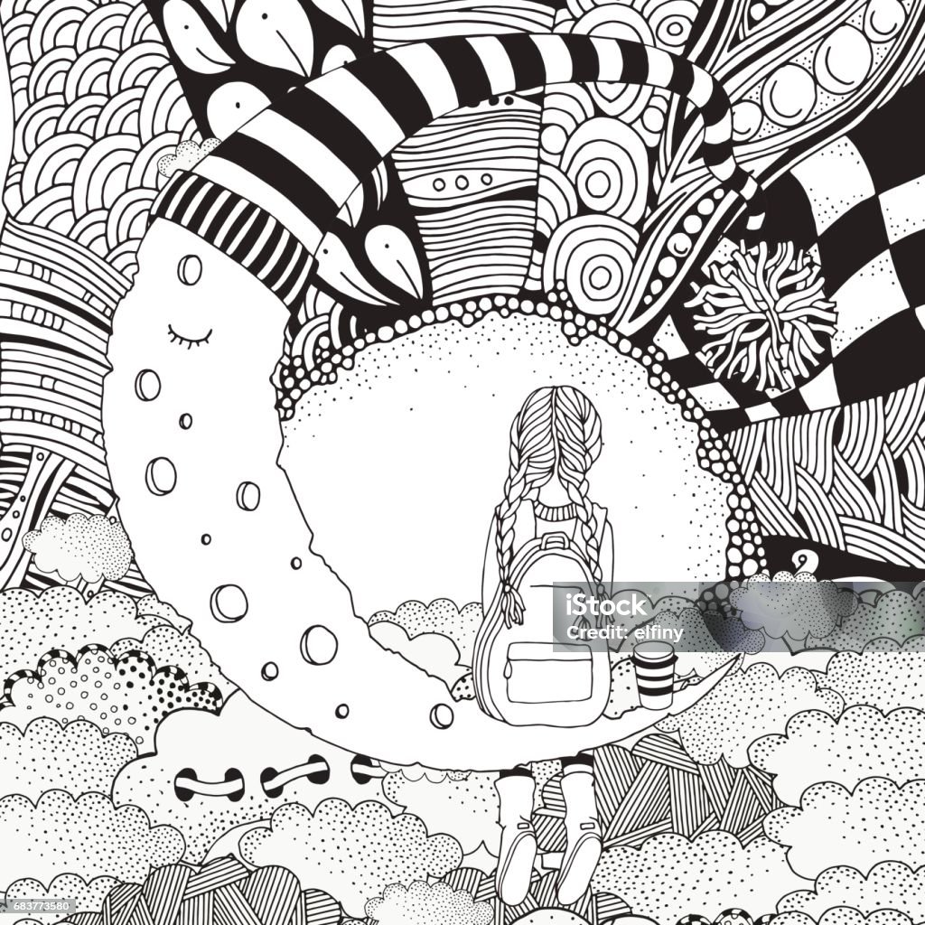 Little Girl is sitting on the Moon. Black and white. Coloring Book page for adult and children. Little Girl is sitting on the Moon. Black and white. Coloring Book page for adult and children. Doodle style. Sun, clouds,The Moon in a striped hat. Coloring stock vector