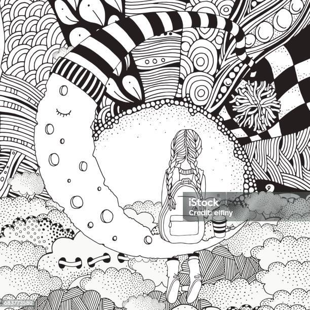 Little Girl Is Sitting On The Moon Black And White Coloring Book Page For Adult And Children Stock Illustration - Download Image Now