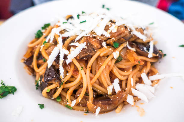 spaghetti a la norma in a dish in a Rome restaurant