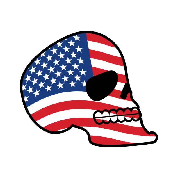 Vector illustration of USA skull. Head of skeleton and flag of America. Fun emblem