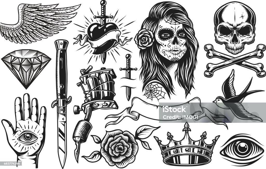 Set of vintage tattoo elements Set of vintage black and white tattoo elements isolated on white background Tattoo stock vector