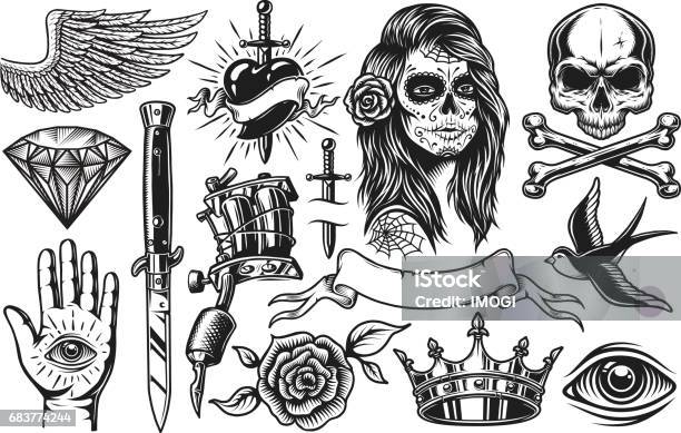 Set Of Vintage Tattoo Elements Stock Illustration - Download Image Now - Tattoo, Retro Style, Old-fashioned