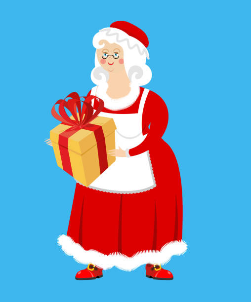 Mrs. Claus and gift. Wife of Santa Claus and box. Christmas woman in red dress and white apron. Xmas feale Mrs. Claus and gift. Wife of Santa Claus and box. Christmas woman in red dress and white apron. Xmas feale mrs claus stock illustrations