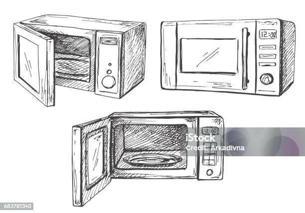 Set Microwave Oven Isolated On White Background Vector Illustration Of A Sketch Style Stock Illustration - Download Image Now