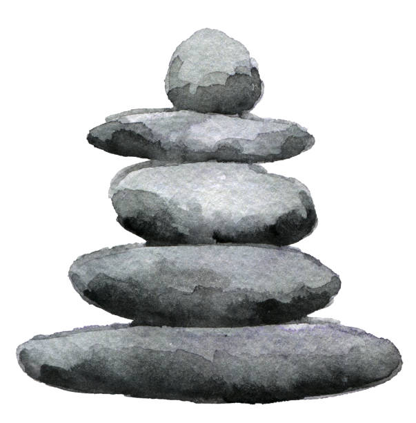 균형 잡힌된 돌 피라미드 흰색 배경에 고립의 수채화 스케치 - stone stability balance zen like stock illustrations