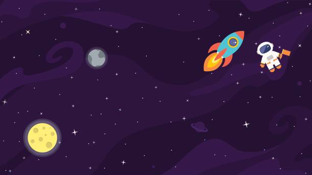 Space flat cute vector background. Space flat vector background with astronaut, rocket, spaceship, moon, planets and stars. Space for your text. star space illustrations stock illustrations