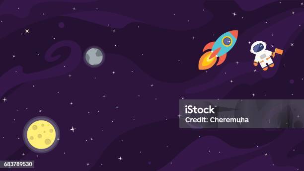 Space Flat Cute Vector Background Stock Illustration - Download Image Now - Outer Space, Child, Galaxy