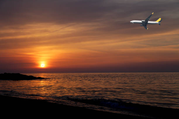 istock Airplane flying over tropical beach with smooth wave and sunset sky abstract background. business summer vacation and travel adventure concept. 683791164