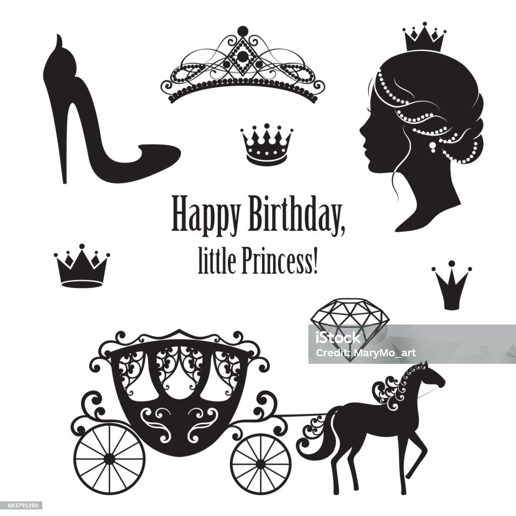 Princess Cinderella set collections. Princess Cinderella set collections. Crowns, diadem, carriage, woman profile, high-heeled shoe, text in black color. Vector illustration. Isolated on white background. For birthday card design Tiara stock vector