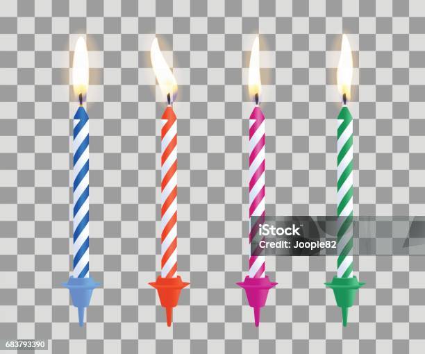 Realistic Burning Birthday Cake Candles Set Isolated On Transparent Checkered Background Vector Illustration Stock Illustration - Download Image Now