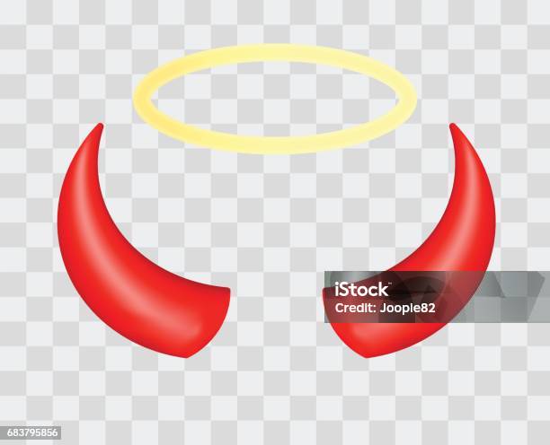 Red Devil Horns And Angel Halo Isolated On Transparent Checkered Background Vector Illustration Stock Illustration - Download Image Now