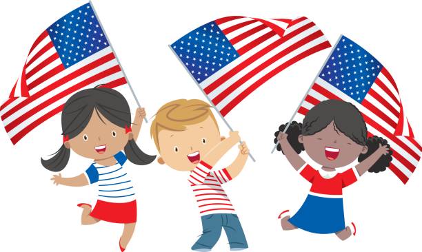 illustrazioni stock, clip art, cartoni animati e icone di tendenza di bambini con bandiere americane - child flag fourth of july little girls