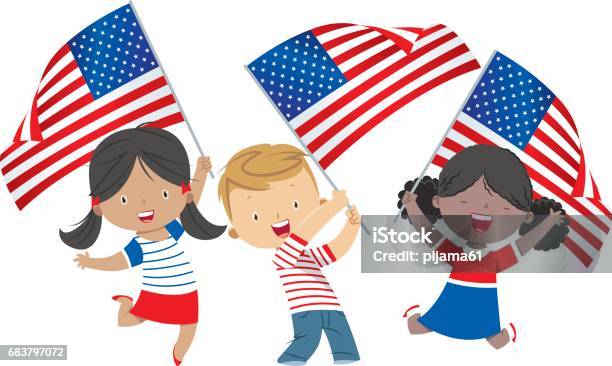 Children With American Flags Stock Illustration - Download Image Now - Child, Clip Art, Fourth of July