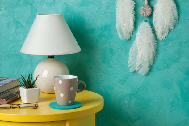 istock Bedroom decor on aquamarine background 683802292