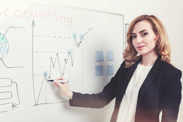 istock Serious red haired businesswoman and whiteboard 683809062