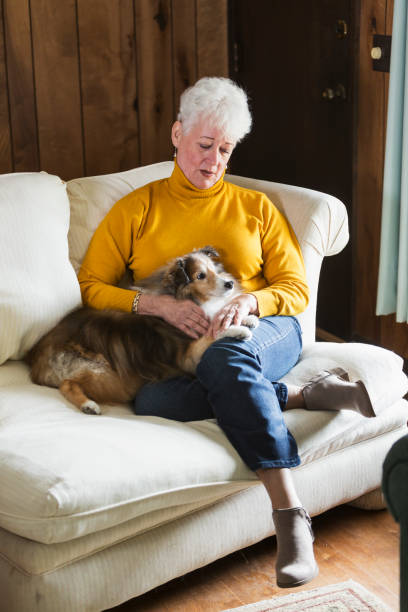 istock Senior woman sitting on couch with her dog 683826766