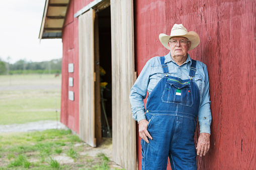A farmer standing outdoors, leaning against the wooden wall of a red barn, wearing overalls and a cowboy hat. He is standing with a serious expression on his face, looking toward the camera. He is a senior man in his late 60s.