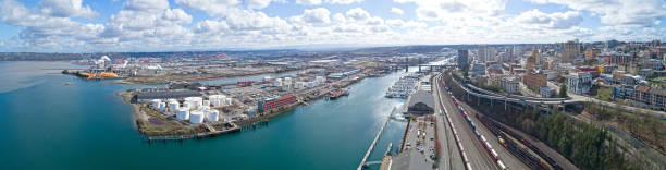 Tacoma, Washington City Foss Waterfront Panoramic View Sunny Weather Tacoma, Washington City Foss Waterfront Panoramic View Sunny Weather sound port stock pictures, royalty-free photos & images